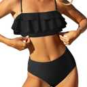 ZAFUL Layered Ruffle Bikini for Women High Waisted Bikini Sets Spaghetti Bandeau Swimsuits Padded Bathing Suit (Small, Solidblack)