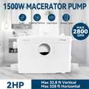 1500W Macerator Pump with Grinding Blade Toilet Pump Utility Sink Pump Upflush to 32.8FT 2800GPH Macerating Toilet System with 4 Water Inlets 2 Outlets for Toilet Sink Shower Laundry Kitchen Basement
