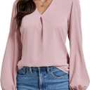 LYANER Women's V-Neck Long Sleeve Solid Tee Shirt Blouse Top (Medium, Pink)