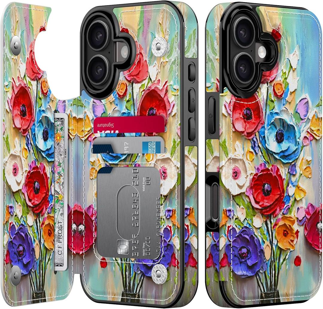 FUNMIKO for iPhone 17 Wallet Case with Card Holder, RFID-Blocking, Military-Grade Drop Protection & Floral Animal Design, Magnetic Closure with Leather Kickstand - Abstract Flowers