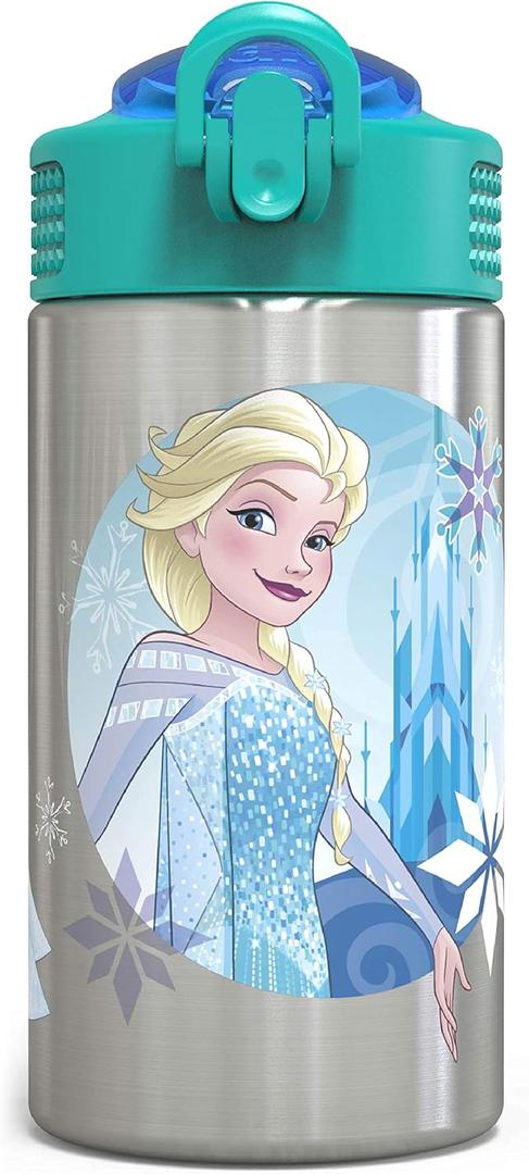 Zak Designs 15.5oz Stainless Steel Kids Water Bottle with Flip-up Straw Spout - BPA Free Durable Design, Frozen Girl SS (15.5 Ounces, Frozen)
