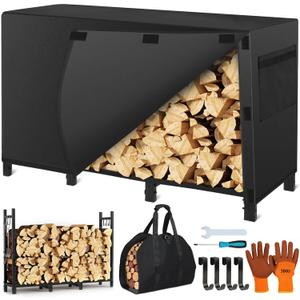 Firewood Rack Outdoor with Cover, 4FT Fire Wood Racks Outdoor with Log Carrier Kindling Hooks, Metal Firewood Holder Log Holders, Wood Storage Holders for Fireplace Deck Indoor