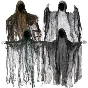 JOYIN 4 Pack 19'' Halloween Hanging Ghost Decoration Outdoor, Faceless Grim Reaper Set with Posable Arms in Dark Horror Robe for Halloween Tree, Yard, Patio, Haunted House, Party Decorations