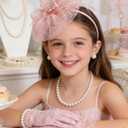 Girls Tea Party Fascinators Hats with Lace Gloves Pearl Necklace Earring Jewelry for Tea Party Wedding Accessories (Pink)