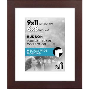 Americanflat 9x11 Picture Frame with Shatter-Resistant Glass - Use as 6x8 Frame with Mat or Display 9x11 Photo Without Mat - Hudson Collection - Wide Picture Frames for Tabletop and Wall - Mahogany
