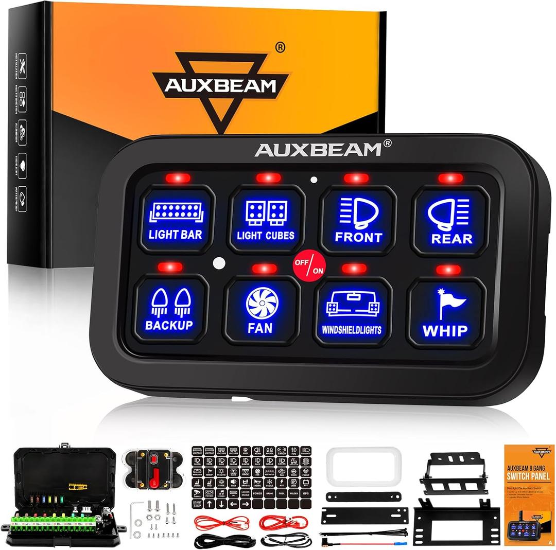 Auxbeam 8 Gang Switch Panel BA80, Universal Circuit Control Relay System Box with Automatic Dimmable On-Off LED Switch Pod Touch Switch Box for Car Pickup Truck Boat UTV ATV (8 Gang (1-Sided Outlet), Blue (No APP))