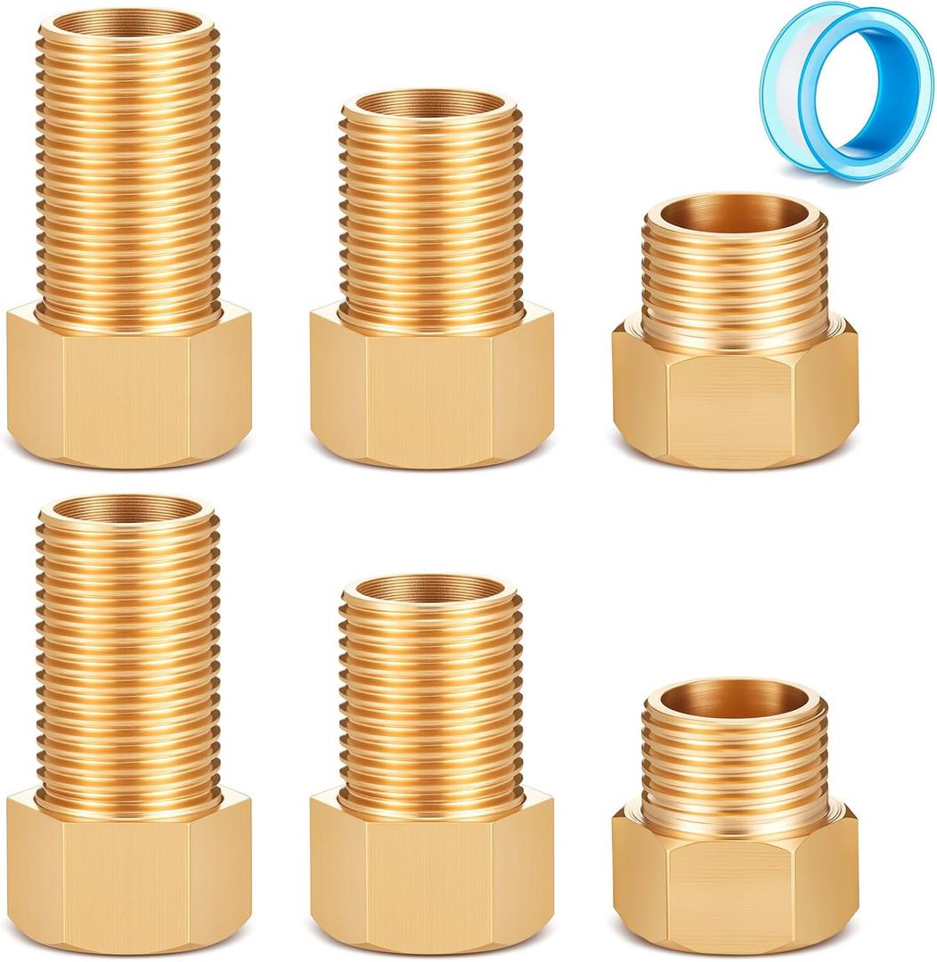 Moxweyeni 6 Pack 1/2'' Brass Extension Adapter Set, 1/2 Male x 1/2'' Female Brass Pipe Extension Fittings, Nipple Pipe Adapter for Tub Spout/shower, Length 30mm/40mm/50mm with Sealing Tape