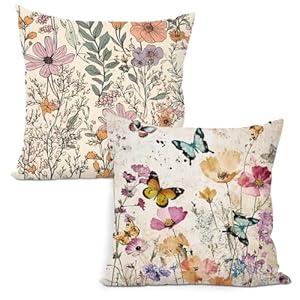 2Pcs Butterfly Pillow Covers 18x18 Inch, Floral Throw Pillow Covers with Square Pillowcases, Vintage Flowers Pillows Cover for Living Room Home Sofa Bedroom Decor, Butterfly Gifts for Women Mom Friend