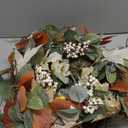 13.78 inch Farmhouse Fall Wreath Decor for Front Door with White Green Pumpkins,Autumn Fall Eucalyptus Wreath with Maple Leaves,Harvest Door Wreath for Autumn or Thanksgiving Decorations