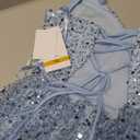 Women's Sleeveless Embellished V Neck Lace Back Tulle Gown, Size 7/8 