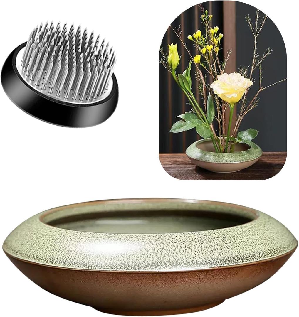 Ikebana Vase Kit, Ceramic Flower Frog Vase with Stainless Kenzan Flower Frog Vase, Japanese Ikebana Flower Arrangement Pot for Floral Displays, Moss & Hydroponic Plants, Zen Decor Gift (Green Small Size)