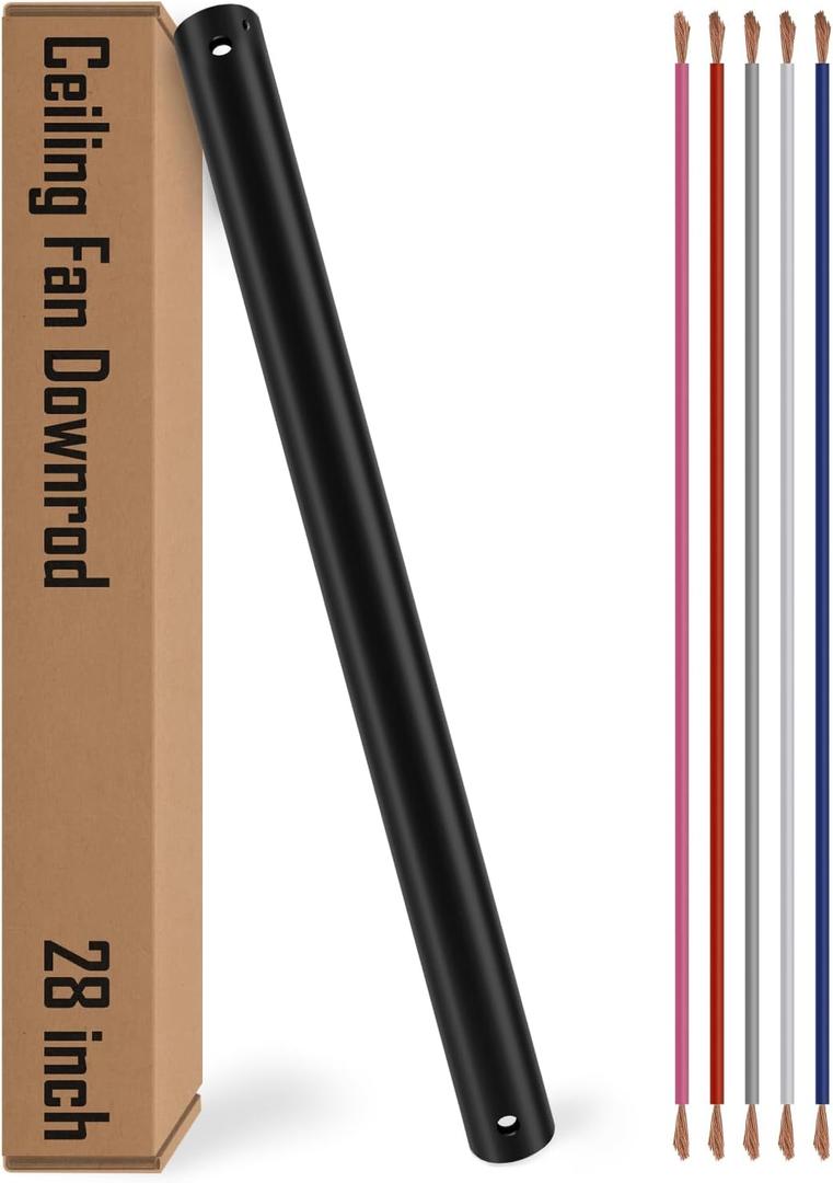 28 inch Ceiling Fan Downrod, Black Downrod for Ceiling Fans with lights, Extension Downrod with Wires, 1 inch Outside Diameter, Ceiling Fans and Accessories Replacement Parts, No Threaded, Black
