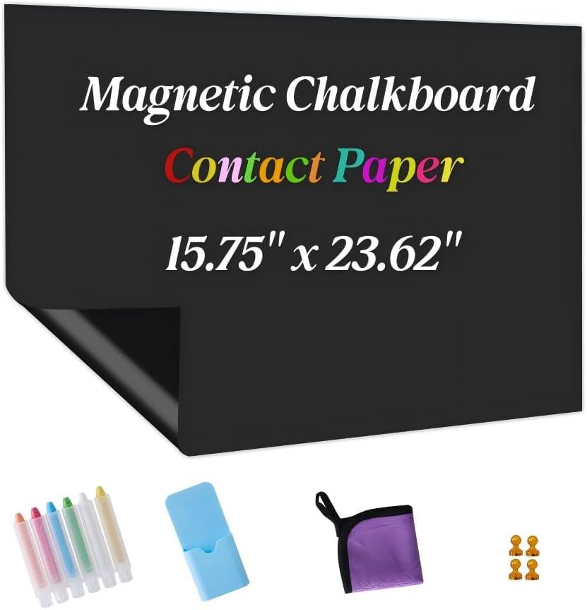 Magnetic Chalkboard Contact Paper Adhesive 15.75" x 23.62", Magnetic Chalkboards for Wall, Peel and Stick Wall Decal for Classroom Home Includes Dustless Chalks and Wiping Cloth