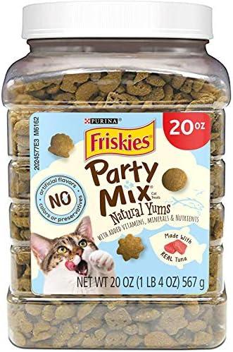 Purina Friskies Natural Cat Treats, Party Mix Natural Yums With Wild Caught Tuna and Added Vitamins, Minerals and Nutrients - 20 oz. Canister (EXP 08/31/26)