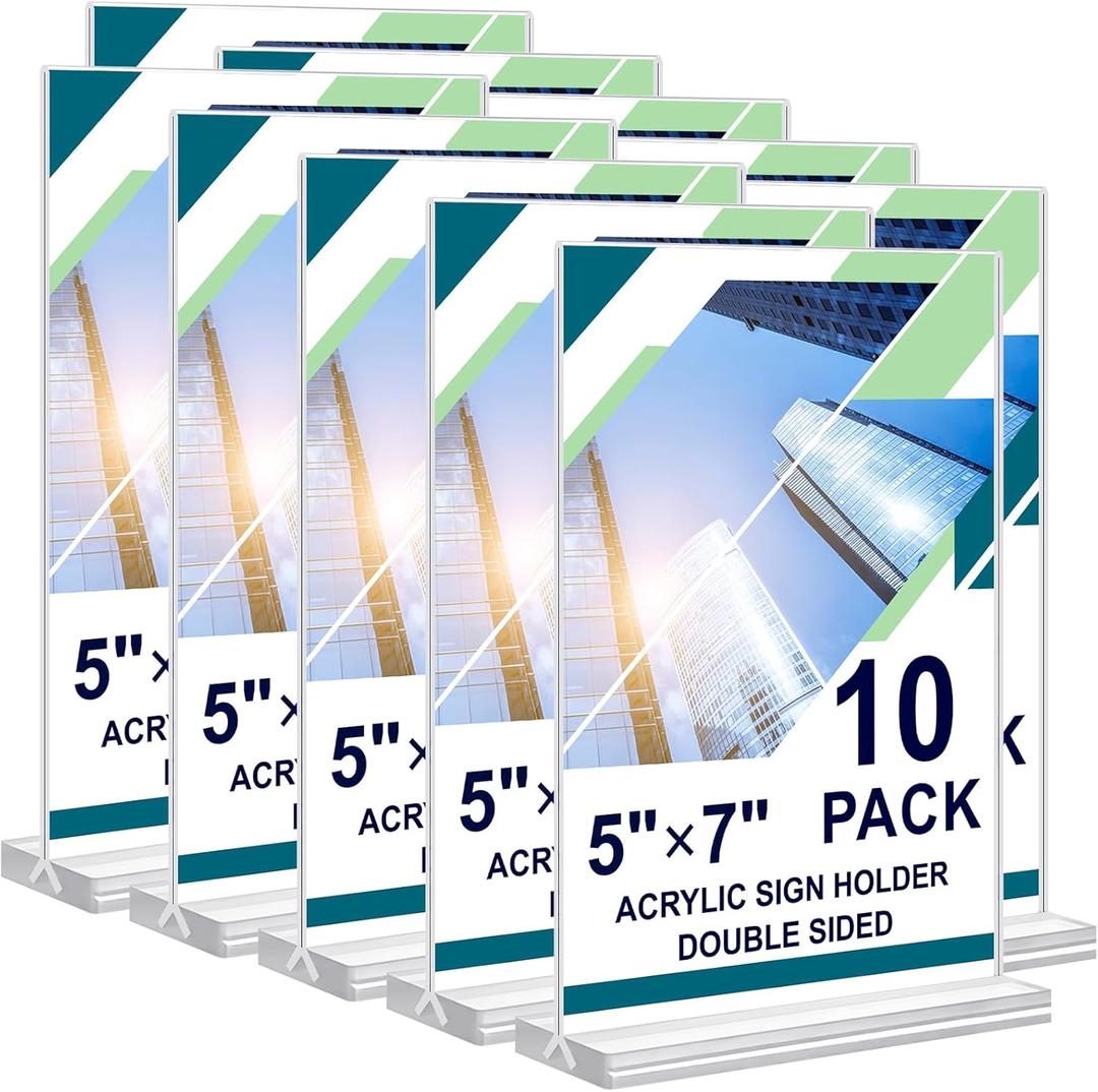 Acrylic Sign Holder 5 x 7, 10 Pack Clear Table Menu Vertical Display Stand Desktop Display Double Sided Stand Paper Holder Table Sign Suitable for Restaurants Office Store Show Fair