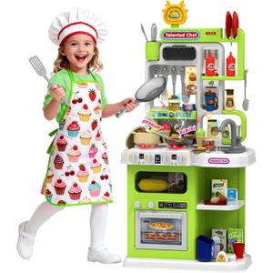 DRAMATION Kids Kitchen Playset, 36.22'' Play Kitchen for Toddlers 1-3 with Steam, Sound & Light, Cooking Stove, Play Sink, Oven and Toy Kitchen Accessories, Kitchen Set for Boys Girls 3 4 5 (Green)