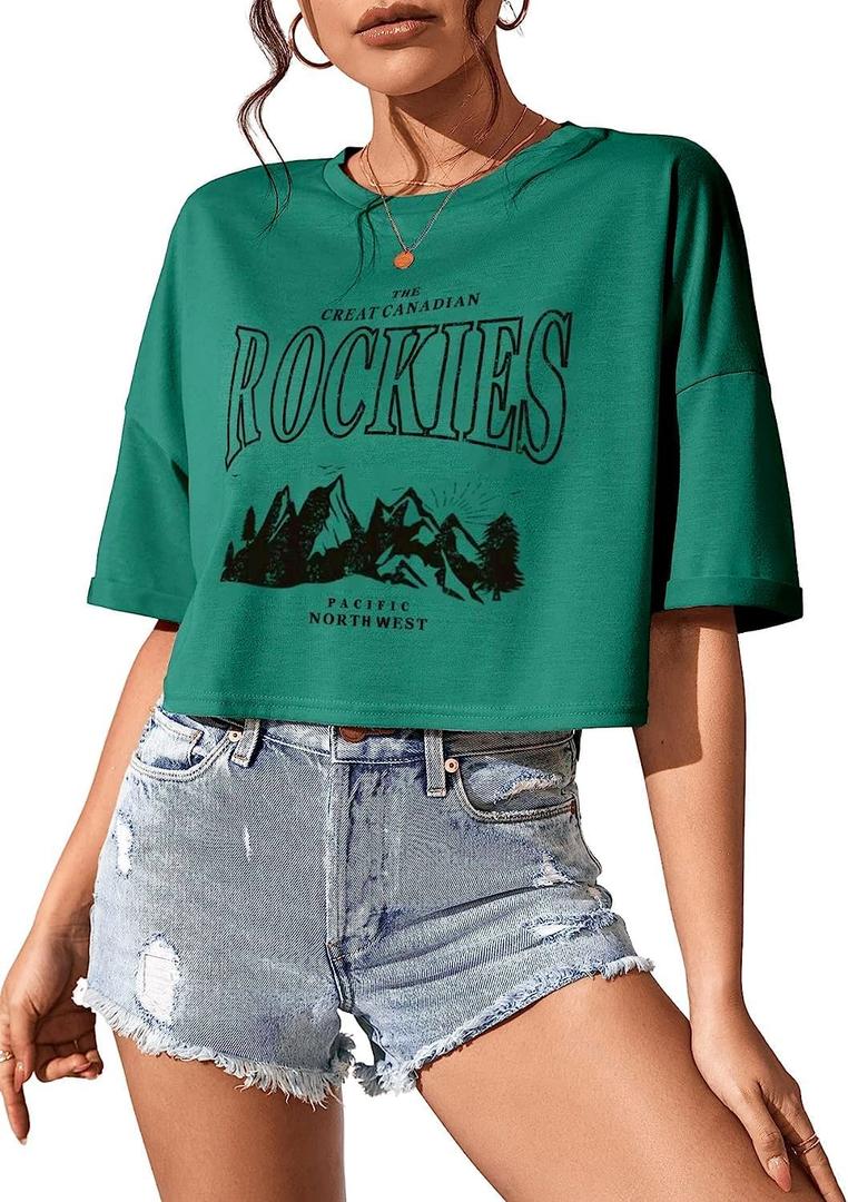 SweatyRocks Women's Letter Graphic Print Streetwear Tops Summer Half Sleeve Crop Loose Casual Tee Shirts (Medium, Green)