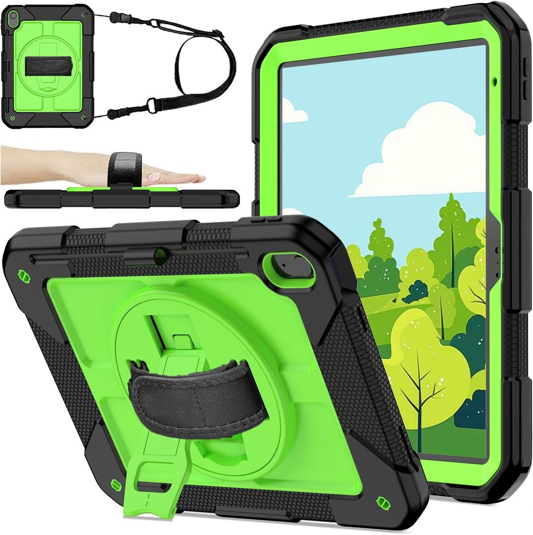 BMOUO Case for iPad (A16) 11th Generation 11" 2025/iPad 10th Generation 10.9 inch 2022, 360 Rotating Stand & Pencil Holder & Hand Shoulder Strap Shockproof iPad 11th/10th Generation Case, Green