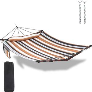 TegerDeger 12FT 2 Person Hammock Large Hammock 450LB Capacity with V Shaped Hardwood Spreader Bar & Nylon Rope for Outside, Patio, Garden, Backyard, Beach, Poolside - Coffee Stripes