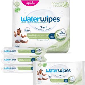 WaterWipes Sensitive+ Baby & Toddler Wipes, 3-In-1 Cleans, Cares, Protects, 99.9% Water, Textured Clean, Unscented & Hypoallergenic, 240 Count (4 Packs)