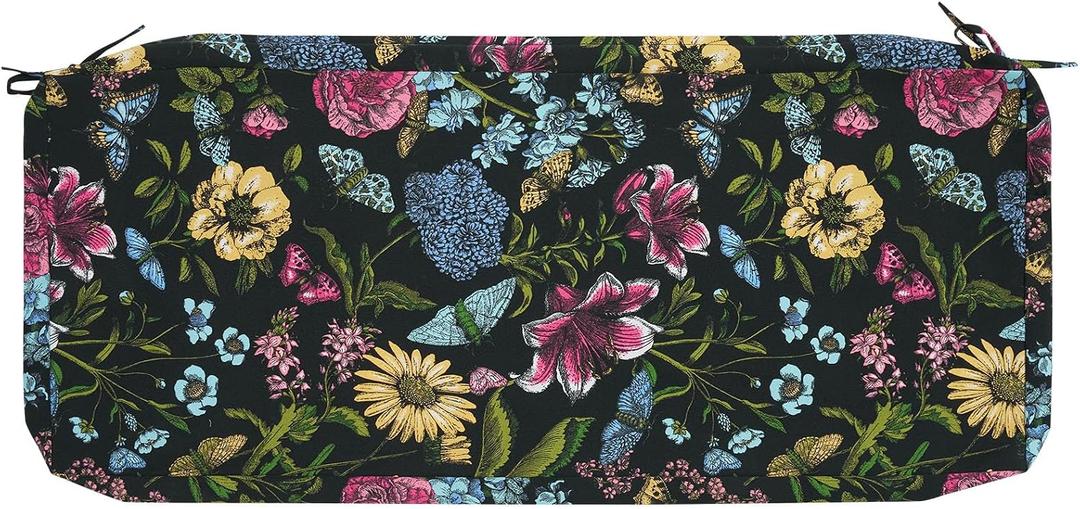 Outdoor Bench Cushion Cover for Patio Furniture,48x18x3 Inch, Water Resistant Swing/Loveseat Cushion Slipcover with Ties for Balcony Porch Garden(Replacement Cover Only), Black Butterfly Flower