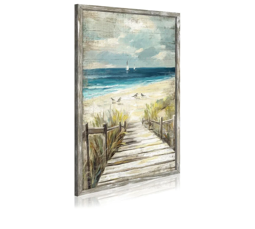 Wood Framed Beach Wall Art: Calming Ocean Waves Scenery Painting Modern Seashore Seagulls Picture Abstract Coastal Boardwalk Prints Seaside Grass Seascape Artwork for Bathroom Bedroom