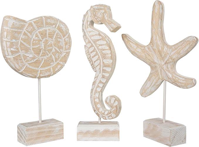 Wooden Stands with Wooden SeaHorse, Wooden SeaShell, and Wooden Starfish