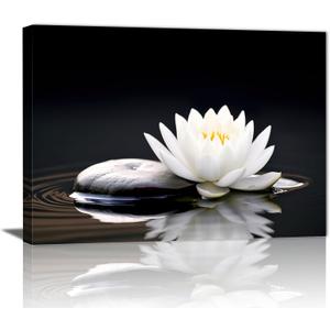 GLOKAKA Zen White Lotus Flower Wall Art Black and White Lotus on Spa Stone and Water Picture Canvas Print Artwork for Yoga Meditation Room Bathroom Wall Decor (18"L x 12"W)