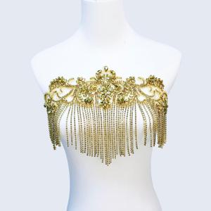 Handmade 3D Three-Dimensional Flowers Rhinestone Applique Sewing Crystal Rhinestone Tassel Sequins Patch Wedding Dress DIY Decorative Accessories (Gold-)