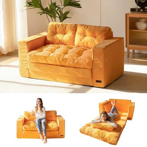 MAXYOYO Convertible Sofa Bed, Pull Out Loveseat Sleeper Sofa, 2 in 1 Folding Couch Bed, Fold Out Floor Couch with Pillows for Living Room Bedroom Lounge, Orange