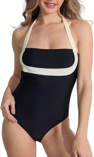 TIDAL LAU Women's Tummy Control One Piece Beige Hater Strap Swimsuit Color Block Push Up Bathing Suit High Waist Swimwear, Size: M