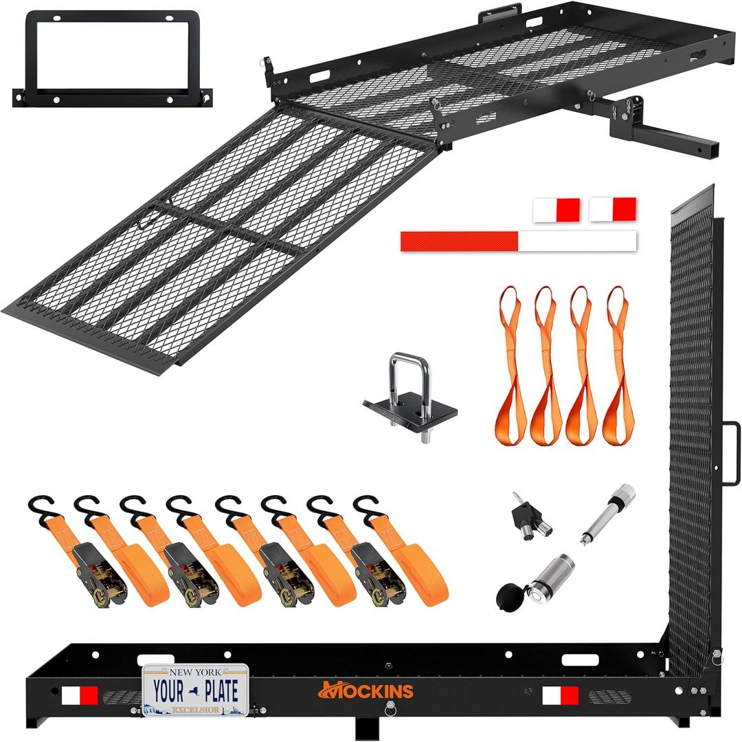 Mockins XL 60"x30"x5" Folding Hitch Cargo Carrier with Ramp | Heavy Duty Trailer Hitch Basket Cargo Carrier with Portable Wheelchair Ramp | 500 Lbs. Cap Weatherproof Steel Scooter Rack & Accessories