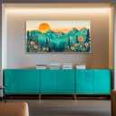 SLYCAY Large Green Mountain Wall Art for Living Room, Abstract Boho Sunset Teal Forest Floral Landscape Canvas Painting Pictures Wall Decor, Bedroom Office Hallway Prints Artwork 24"X48"