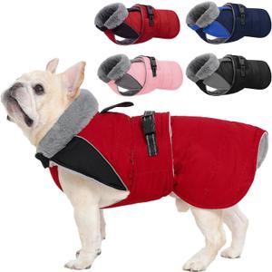 Nanaki Small Dog Coat for Winter Waterproof, Warm Fleece Lining Furry Collar Dog Jacket with Leash Hole, Reflective Adjustable Cold Weather Puppy Jacket Vest, Pullover Pet Snow Suit Male Female,Red S