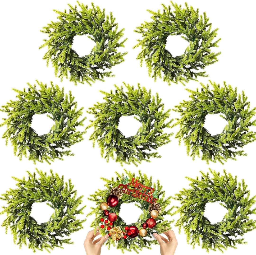 8 Pcs Christmas DIY Gree Wreath 10 Inch Green Artificial Wreaths DIY Faux Plain Wreaths Front Door Green Farmhouse Cabinets Wreath Indoor Outdoor Wall Decor(Pine Needle)