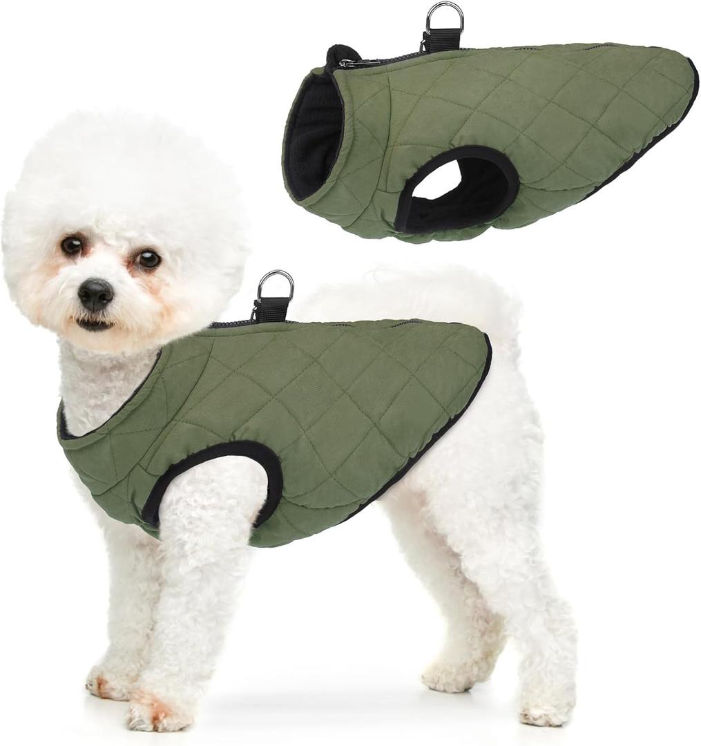 SCENEREAL Winter Dog Vest Coat with Harness Built In, Warm Puppy Jacket for Small Medium Dogs, Cold Weather Coat with Zipper, Fleece Puffer Vest Windproof Snow Clothes (M(Chest 16.5"), #1 Olive-Matte)