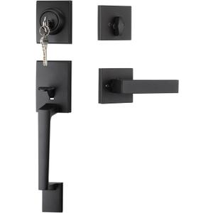 Haidms Black Front Door Handle and Deadbolt Set, Entry Door Handle and Deadbolt with Reversible Handle Lever,Front Door Lock Set, Exterior Door Handles and Locks