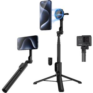KIWIFOTOS Mini Magnetic Tripod for iPhone MagSafe Selfie Stick with Wireless Remote for iPhone 16 15 14 Travel Vlogging Video Recording Cell Phone Tripod Stand for Samsung Google Pixel (Black)