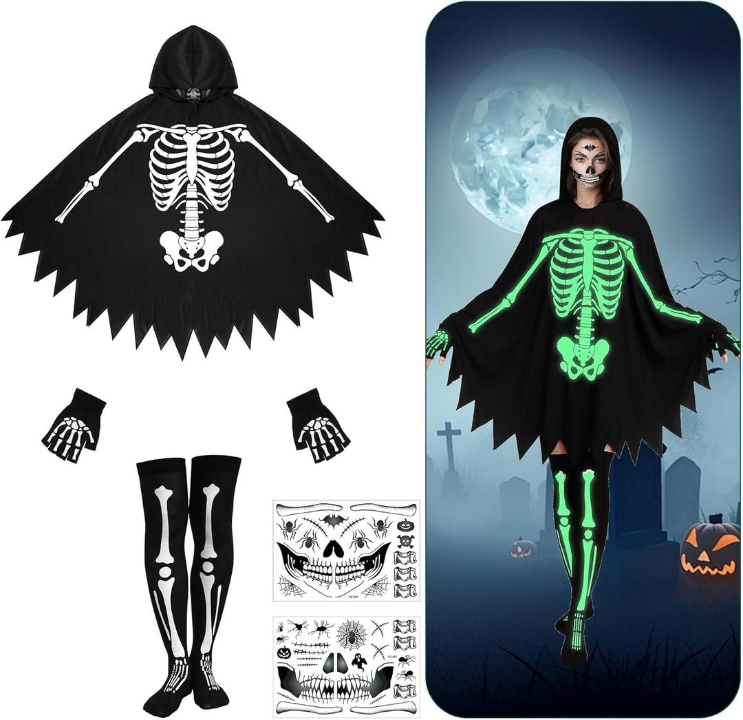 RunNico 5 Pcs Halloween Glowing Skeleton Hooded Poncho, 46'' Halloween Skeleton Cape Set with Gloves Socks Face Stickers, Day of The Dead Ghost Poncho Costume for Women Adult Themed Cosplay Party