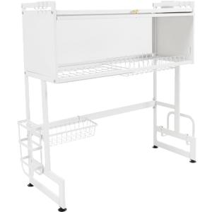 Dish Drying Rack, Multifunctional Over Sink Dish Drying Rack w/Basket & Hooks, Large Capacity Kitchen Dish Drying Rack for Sink Less Than 28.35" (White)