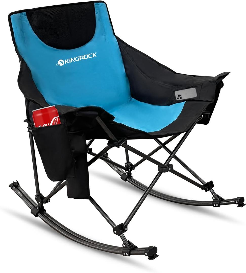 KINGROCK Oversized Rocking Camping Chair with Headrest and Carry Bag, 260LBS Capacity Folding Portable Camp Chairs for Adults, Recliner for Outdoor, Beach, Fishing, Travel, Sports Games, Blue, 35.4"D x 22.4"W x 37.8"H