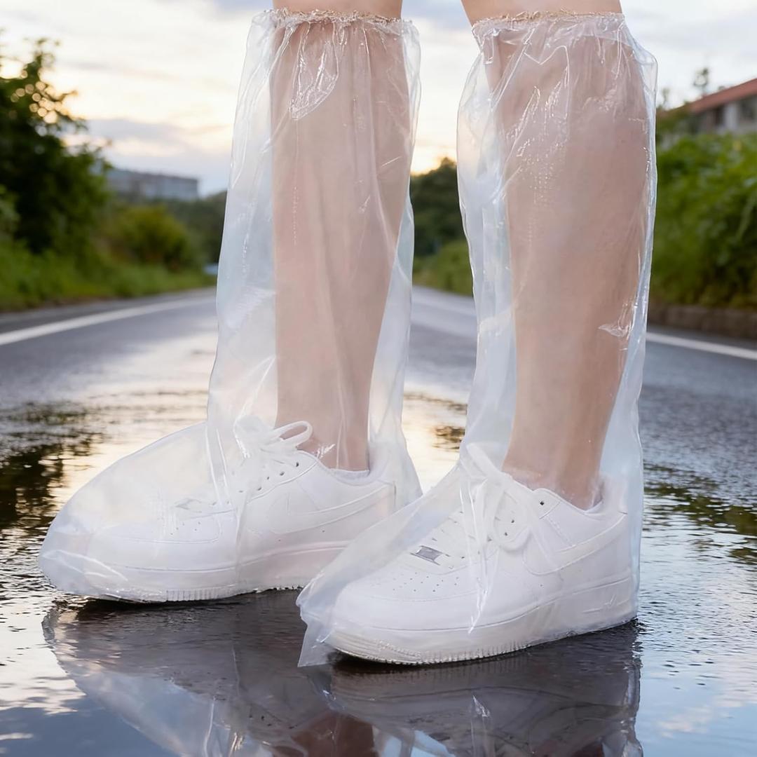Long Rain Boot Covers for Adults, 10 Pair Extended Length Plastic Shoe Covers for Rain for Use in Water Parks, Rain and Snow (clear, adult(long))