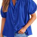 PRETTYGARDEN Women's Summer Button Down Shirts Short Lantern Sleeve V Neck Cotton Cute Dressy Casual Ladies Tops Blouses (Medium, Royal Blue)