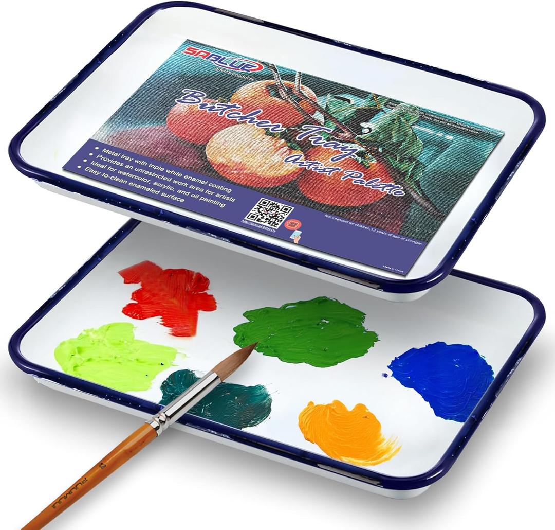 SABLUE 2 Pcs White Enamel Butcher Tray Palettes 7.5" x 11" Triple Coated Tray Painting Mixing Color Theory Classic Rectangular Metal Serving Art Supplies Food Storage Home Organization S0051