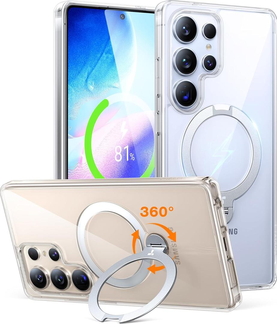TORRAS 360 Spin Magnetic Stand for Samsung Galaxy S25 Ultra Case, Fit for Magsafe, Military Grade Slim Hard PC Protective S25 Ultra Clear Case with Kickstand & Ring Holder, Ostand Spin, Clear (Clear-S25 Ultra)