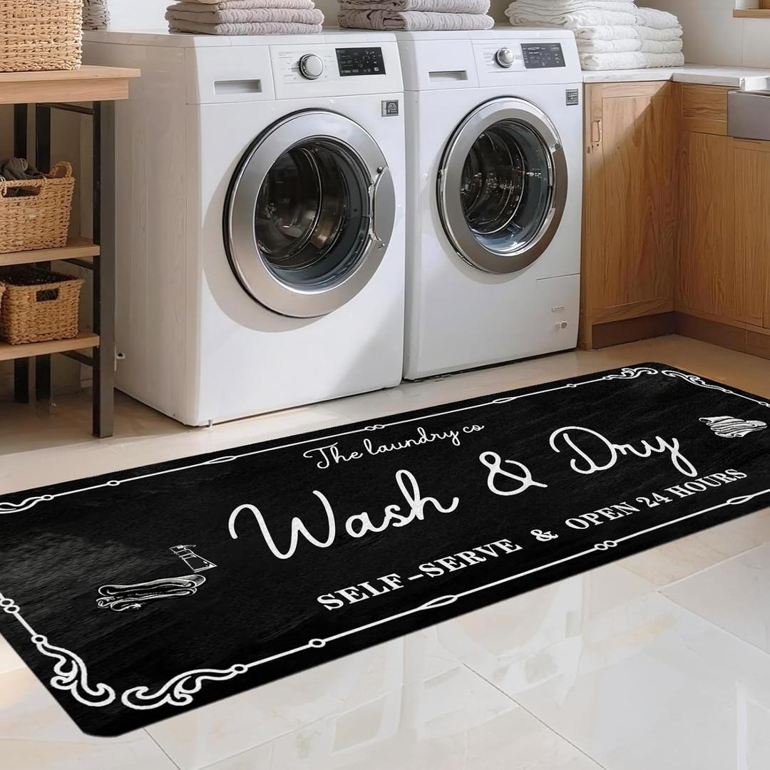 Laundry Room Rug Runner, 20"x47" Non Slip Laundry Mat Organization Washable Floor Carpet Farmhouse Decor for Kitchen Bathroom Mudroom Washroom Black W1-black