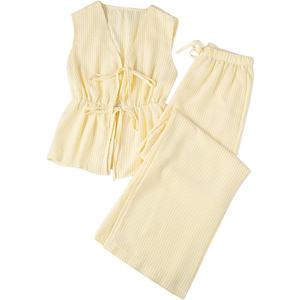 Remidoo Women's Striped 2 Piece Set Tie Front Peplum Tank Tops Wide Leg Pants Sets Medium