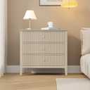 RoyalCraft Large Beige Fluted 3 Drawer Dresser for Bedroom, Wide Chest of Drawers for Closet, Modern Wood Dresser Wide Nightstand Cabinet for Living Room