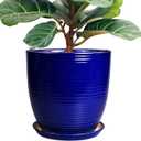 Ceramic Planter Pot - 12 Inch Pot for Plants Large Indoor Plant Pot with Drainage Hole and Saucer Fluted Round Planter for Outdoor Plants Flower Pot for Home Garden Blue