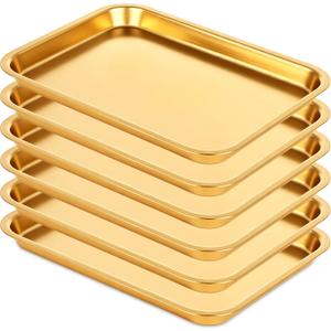 6 Pcs 7.5 x 5.5 Inch Gold Baking Sheets Stainless Steel Baking Pan Tray Cookie Sheet Rectangle Mirror Finish and Rust Free Easy Clean and Dishwasher Safe Bakeware Oven Tray for Roasting